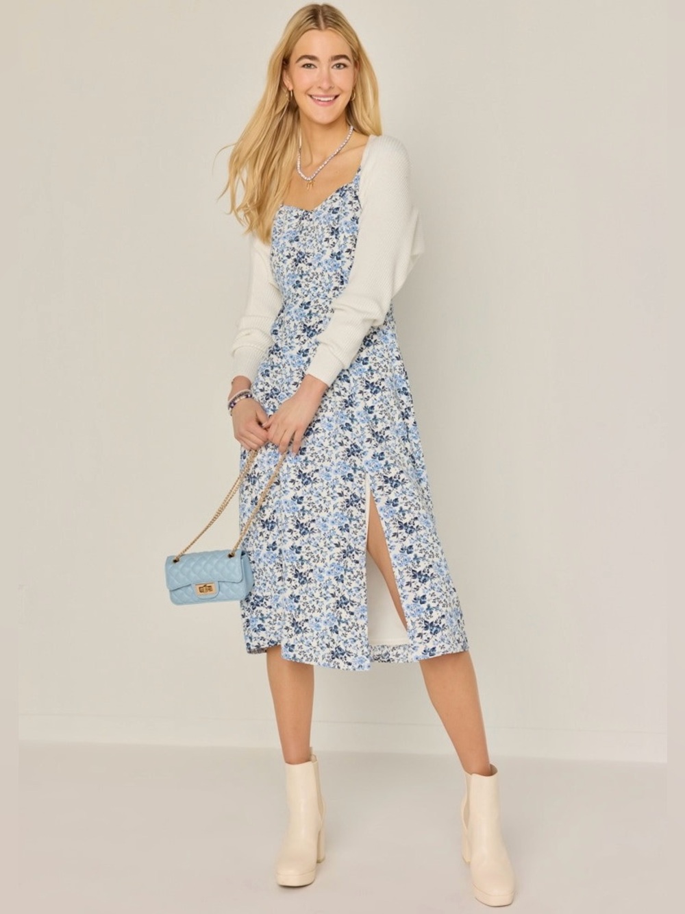 Francesca’s Women Dainty Floral Sleeveless Front Slit Babydoll Midi Dress Small